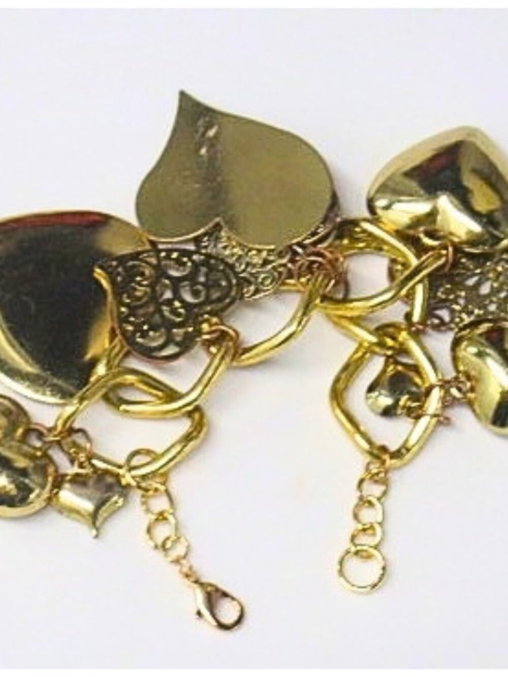 Gold Tone Chunky Heart Charm Bracelet with Filigree Details